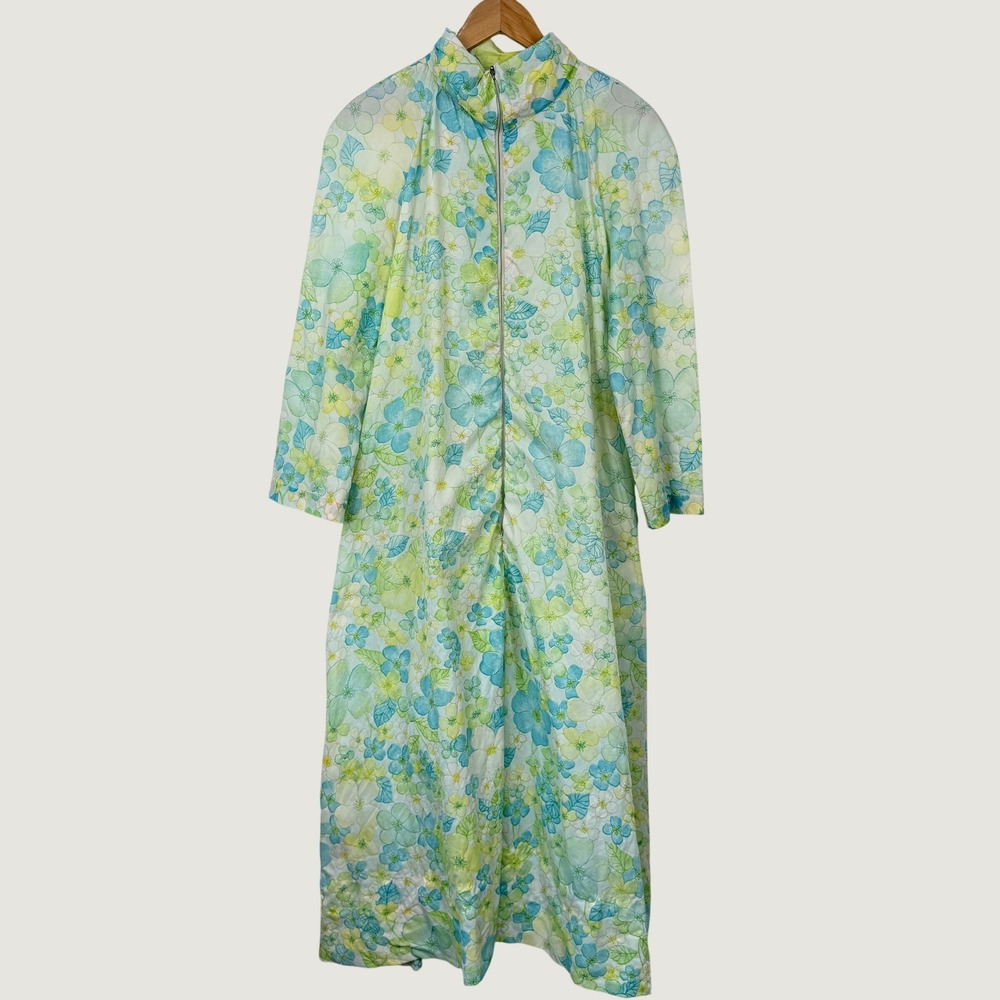 Vintage SmartTime Floral Robe Housecoat Womens L Blue Green Yellow Grannycore